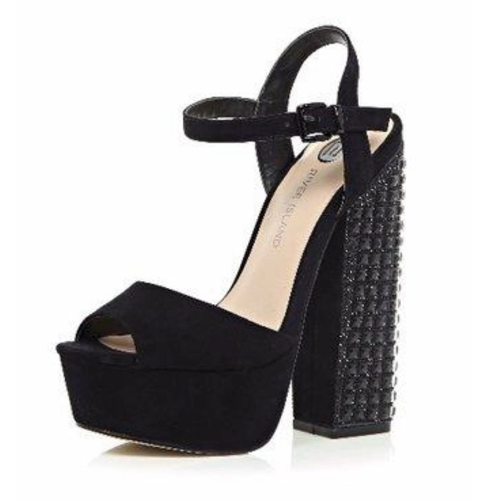 River Island tall studded sparkle black strap sandals gothic party heels